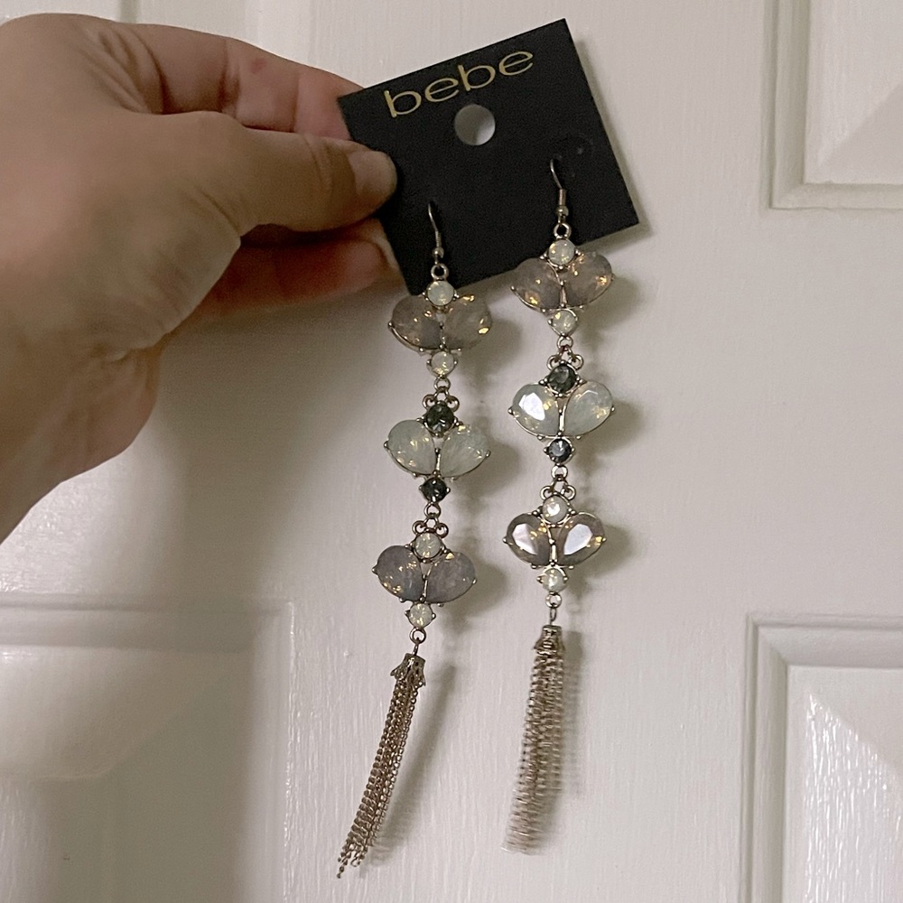 Bebe chandelier earrings w/ different shades of green stones & gold fringe chain
